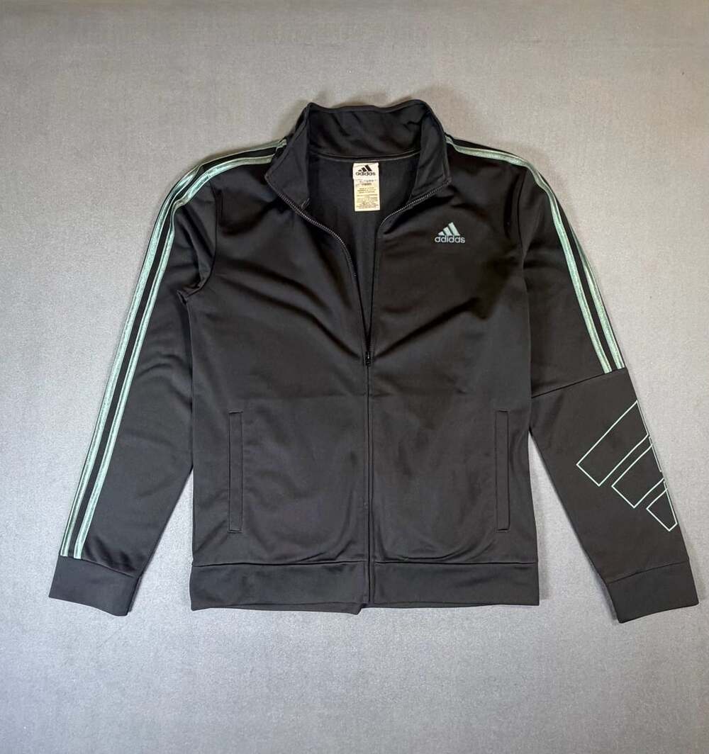 Adidas Track Jacket Size XL (18/20) Black Green Full Zip Activewear